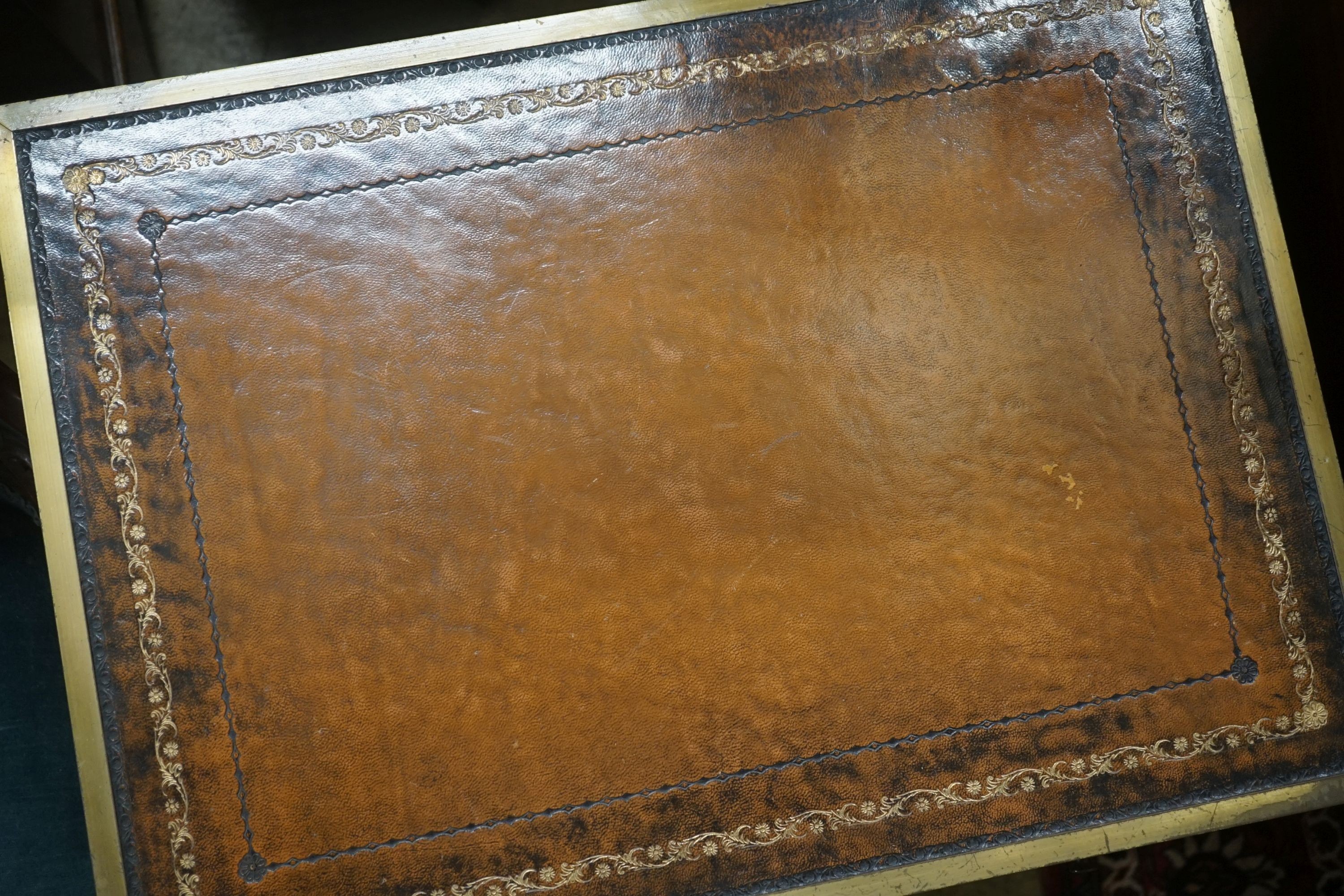 A pair of reproduction brass mounted military style yew veneered bedside chests with leather inset tops, width 56cm, depth 40cm, height 60cm